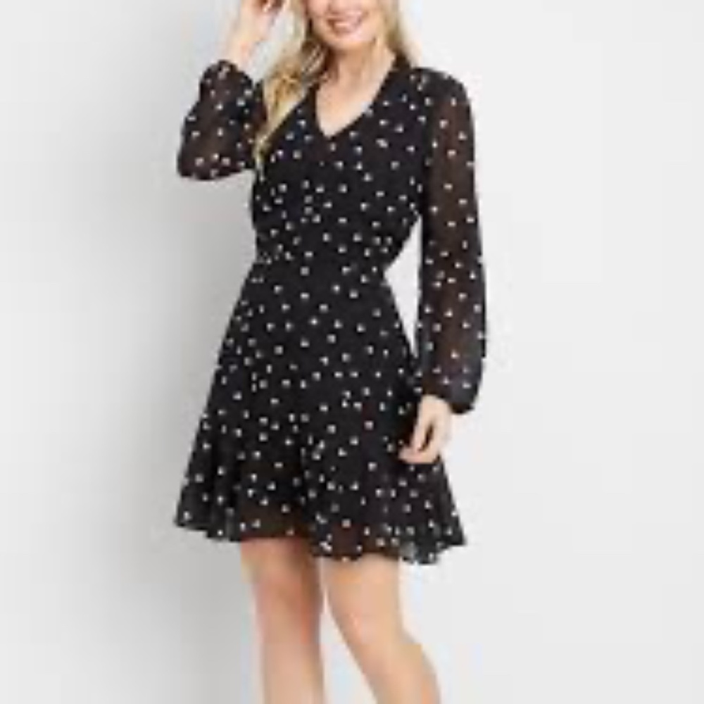Maurices | NEW NWT black polka dot long sleeve dress with V-neck LARGE